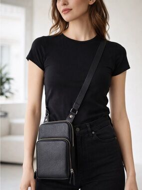 Sondra Robert’s Squared Crossbody Black Utility Pebble Leather Purse Silver